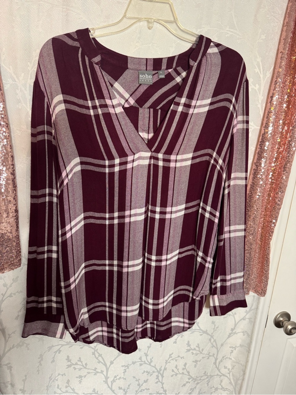 Soho Burgundy and Light Pink Plaid V-Neck Tunic